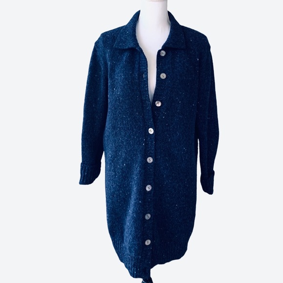 MERCER & MADISON LAMBSWOOL BLUE LONGLINE BUTTON DOWN CARDIGAN SWEATER - Picture 11 of 16